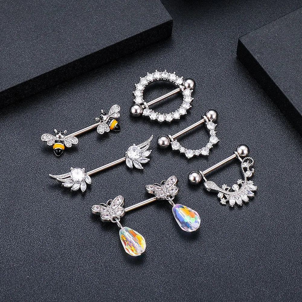 2pcs Cute Nipple Piercings Barbell Stainless Steel Crystal Nipple Shield Cover Heart Flower Nipple Rings Jewelry Body 1.6mm*16mm