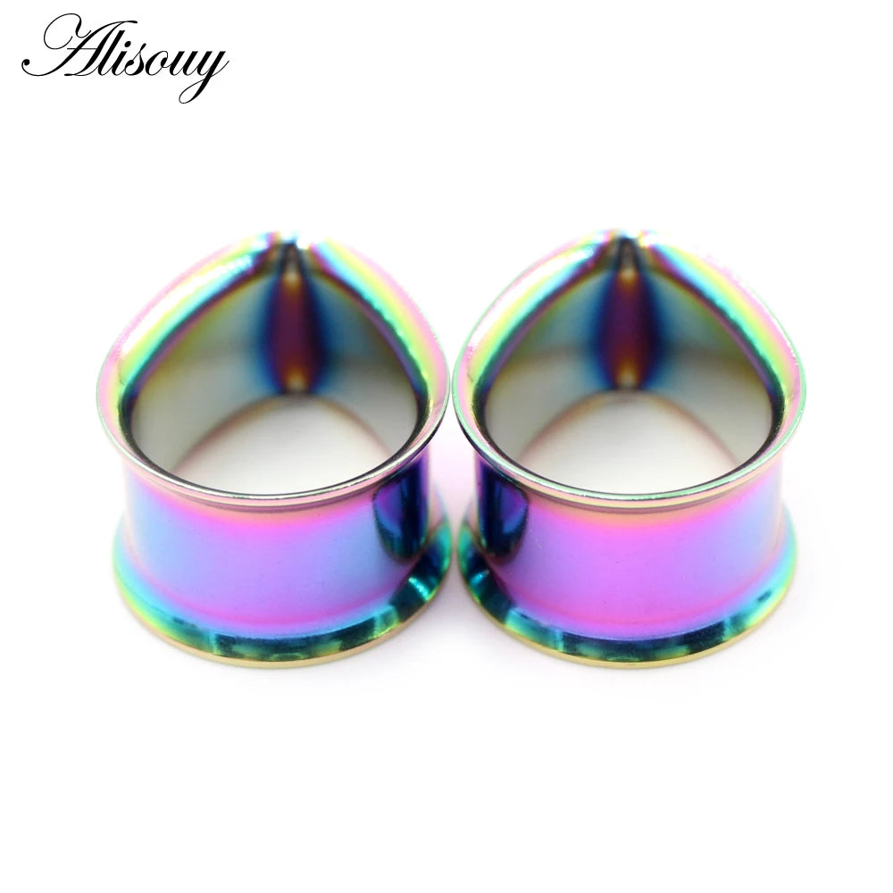 Alisouy 2pcs Water Drop Stainless Steel Ear Plug Tunnels Black Gold Color Ear Expander Plugs Tunnels Body Jewelry Ear Gauges