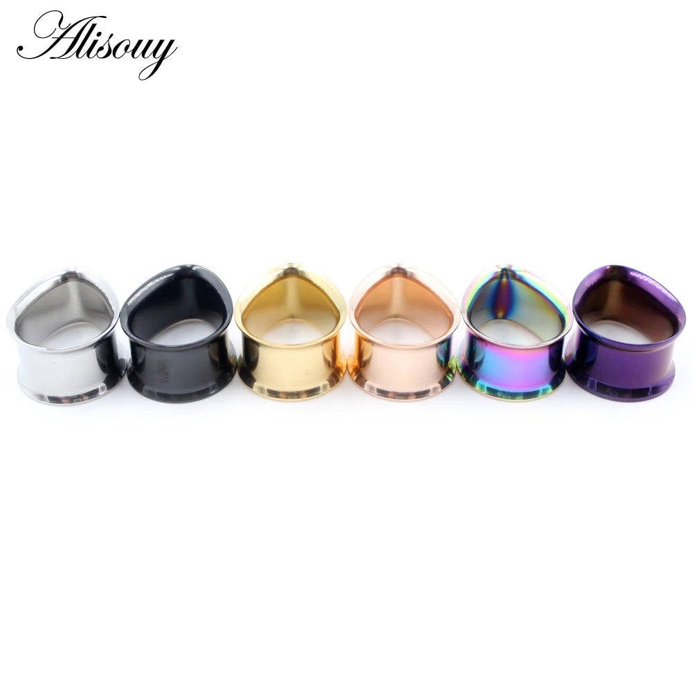 Alisouy 2pcs Water Drop Stainless Steel Ear Plug Tunnels Black Gold Color Ear Expander Plugs Tunnels Body Jewelry Ear Gauges