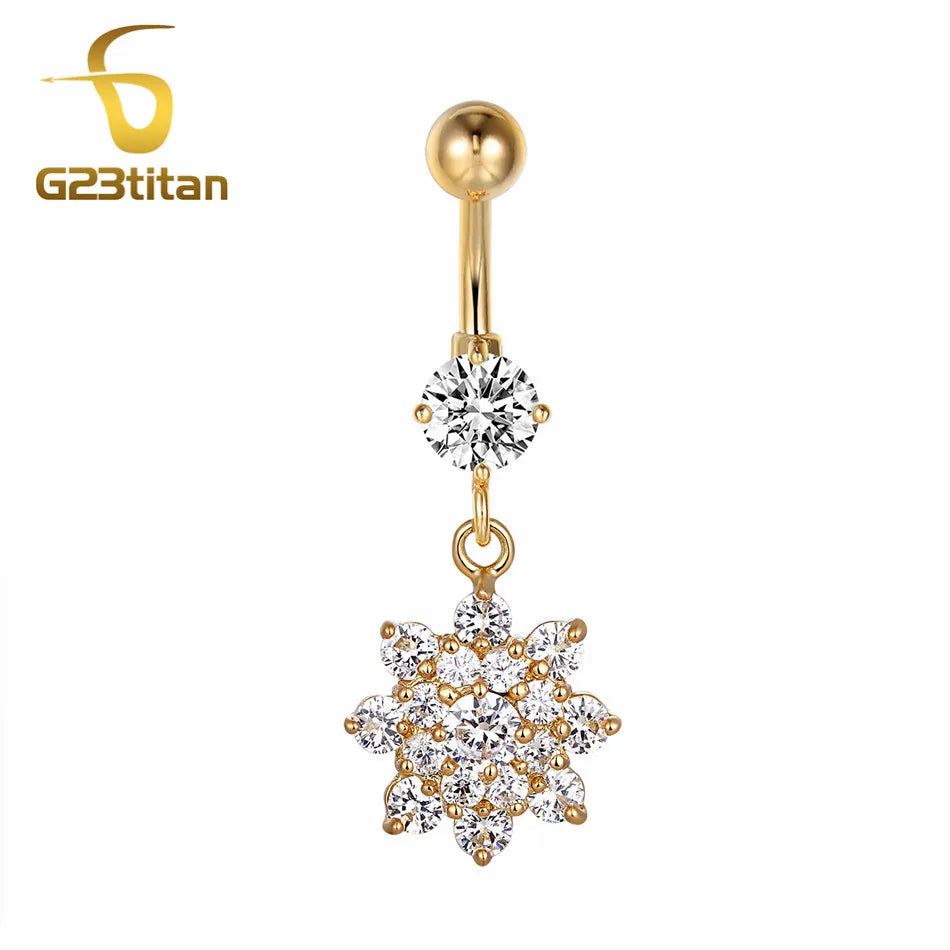 Gold Color Dangle Navel Earring for Women Zircon Pendant Belly Button Ring 14G Surgical Steel Piercing Barbell Body Jewelry