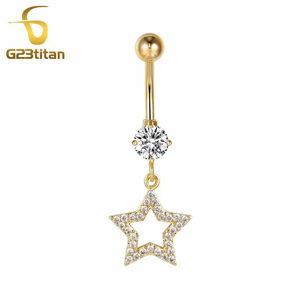 Gold Color Dangle Navel Earring for Women Zircon Pendant Belly Button Ring 14G Surgical Steel Piercing Barbell Body Jewelry