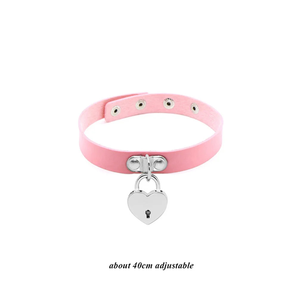 Pink Sexy Trendy Rock Gothic Collar Necklaces Jewelry Gothic Leather Heart Rivets Harajuku Punk Choker Necklace for Women Gift