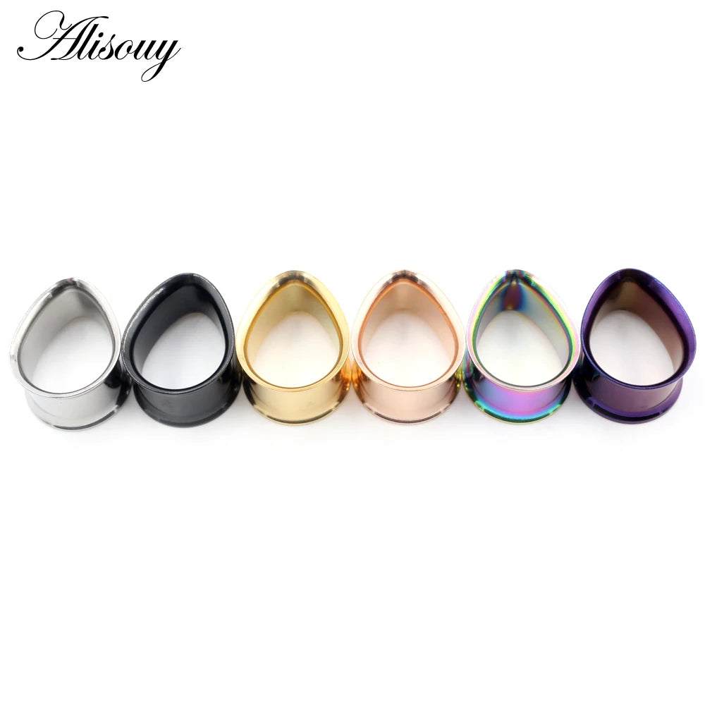 Alisouy 2pcs Water Drop Stainless Steel Ear Plug Tunnels Black Gold Color Ear Expander Plugs Tunnels Body Jewelry Ear Gauges