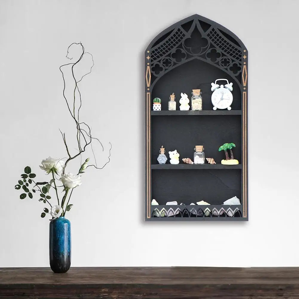 Wall Display Shelf Wood Church Window Design Stones Holder Black Wooden Shelf For Wall For Office Gothic Room Decoration