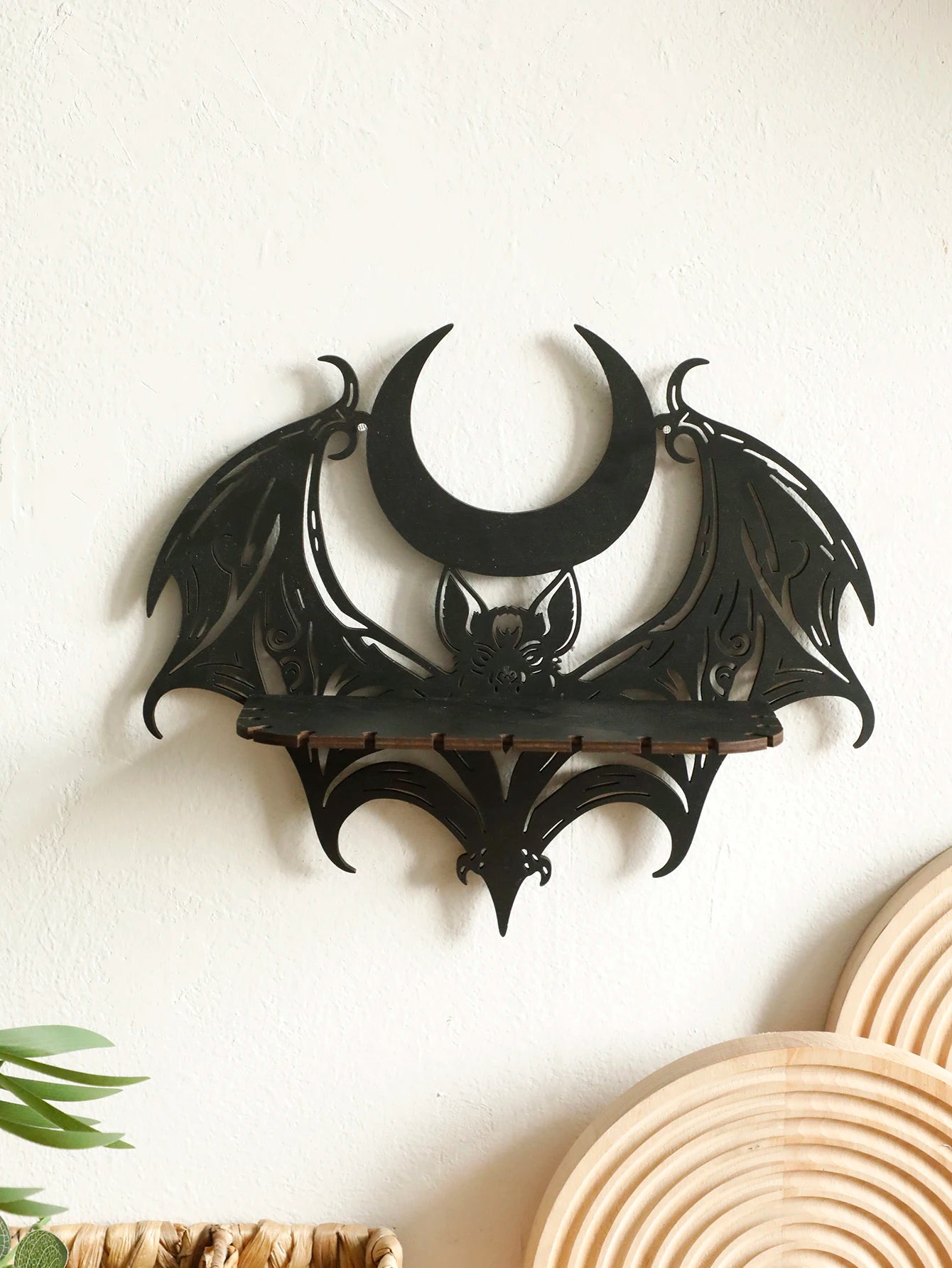 Black Wooden Wall Shelf Gothic Bat Moon Profiling Hollow Pattern Floating Shelf Crystal Holder Goth Home Decor Witch Room Decor