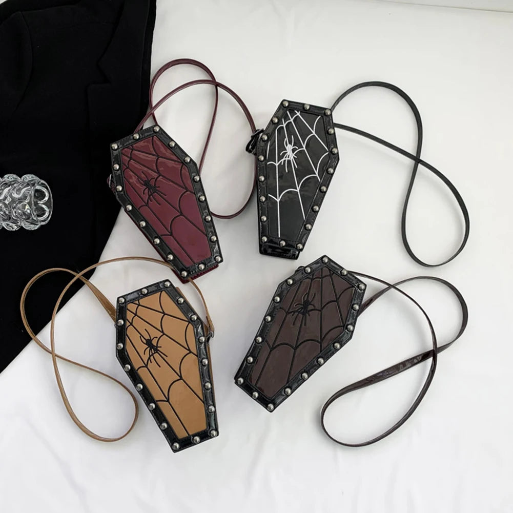 Halloween Cobweb Shoulder Bag Large Capacity Gothic Coffin Shaped Satchel Purse Adjustable Strap Spider Web PU Leather Hobo Bag