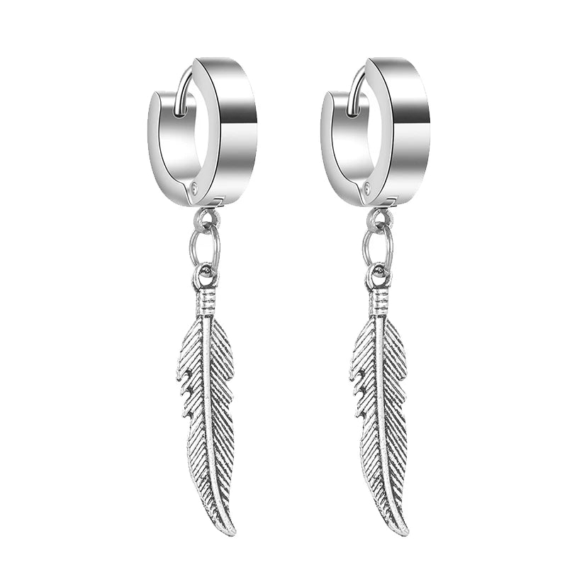 2pc Simple Feather Pendant Ear Studs Man Women Stainless Steel Earrings Unisex Fashion personality Ear Jewellery Accessorie