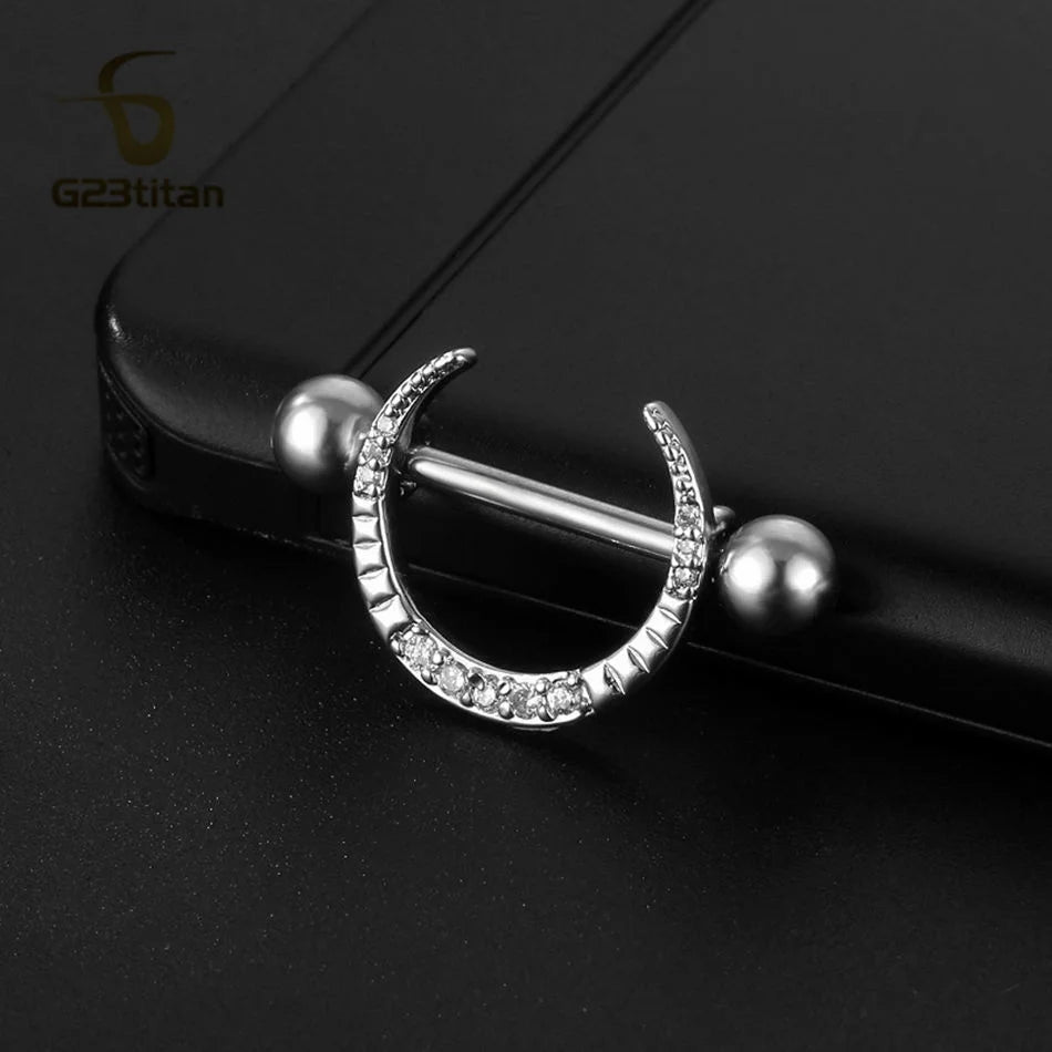 2pcs Micro Inlaid Zircon Moon Shaped Nipple Ring 14G 16mm Length Straight Titanium Steel Barbell Body Piercing Jewelry Adornment