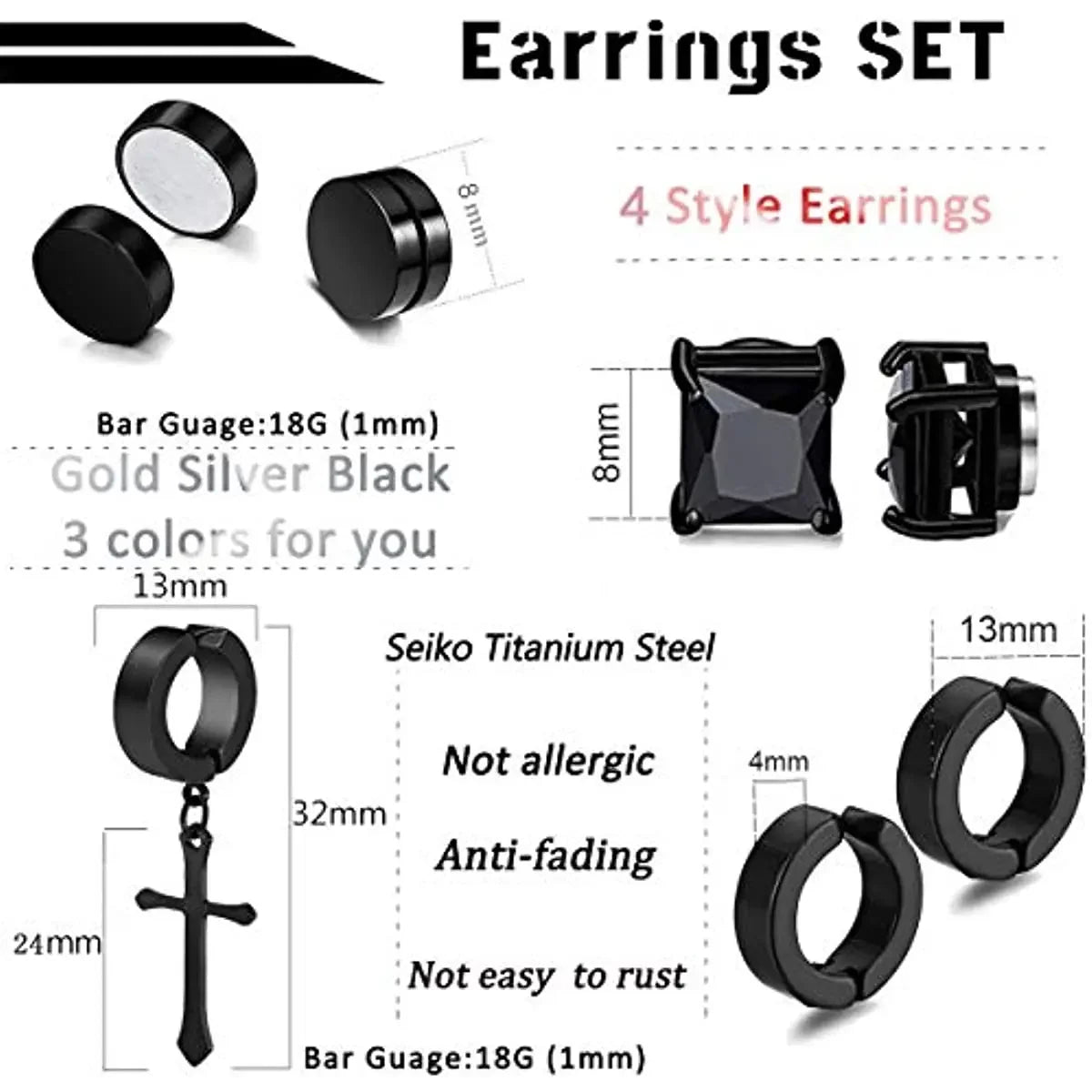 1/6 Pairs Stainless Steel Cross Pendant Clip Earring Non Piercing Fake Hoop Stud Earrings for Men Women Fashion Jewelry