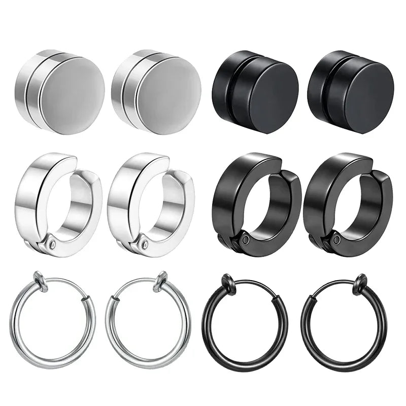 1/6 Pairs Stainless Steel Cross Pendant Clip Earring Non Piercing Fake Hoop Stud Earrings for Men Women Fashion Jewelry