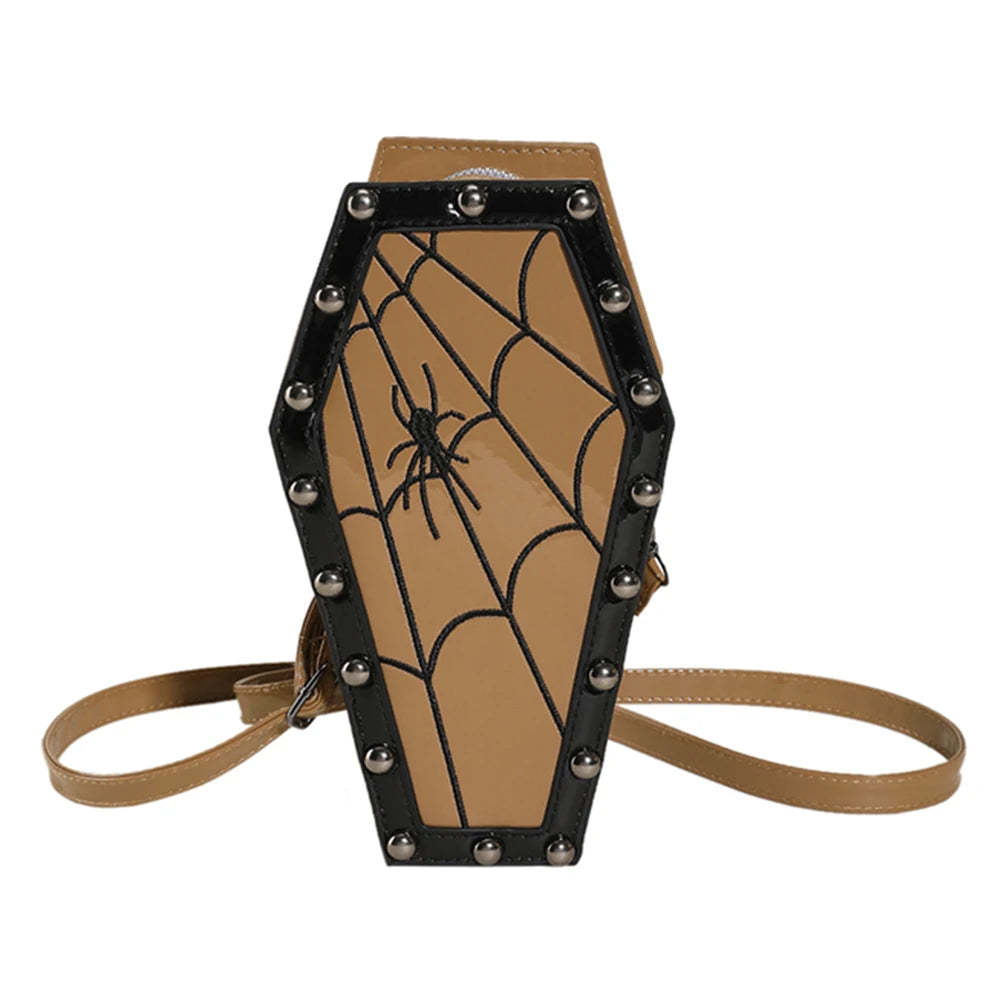 Halloween Cobweb Shoulder Bag Large Capacity Gothic Coffin Shaped Satchel Purse Adjustable Strap Spider Web PU Leather Hobo Bag