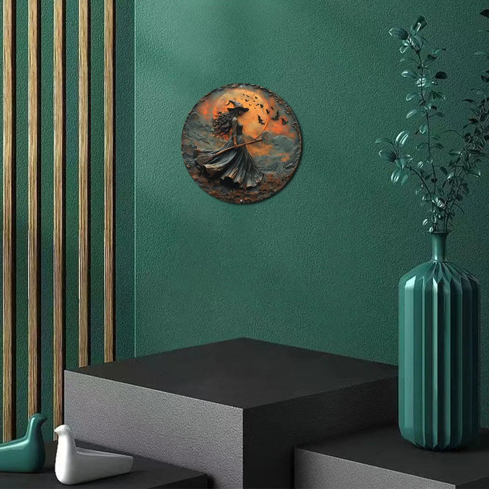 Circular aluminum flat with unique Gothic witch themed decoration suitable for home wall art decoration perfect holiday gift