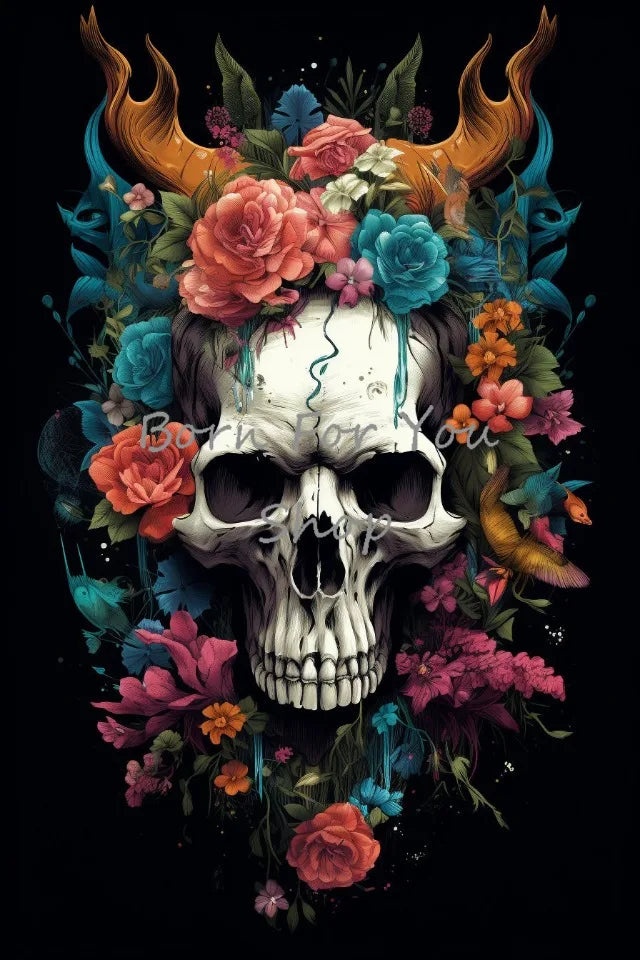 Floral Skulls Portrait Gothic Posters and Prints