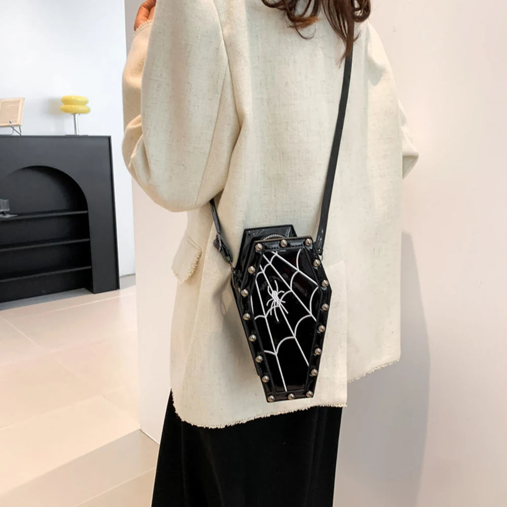 Halloween Cobweb Shoulder Bag Large Capacity Gothic Coffin Shaped Satchel Purse Adjustable Strap Spider Web PU Leather Hobo Bag