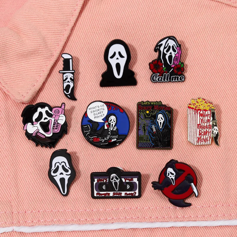 Call Me Enamel Pins What's Your Favorite Scary Movie Custom Brooches Lapel Badges Gothic Punk Skeleton Jewelry Gift for Friends