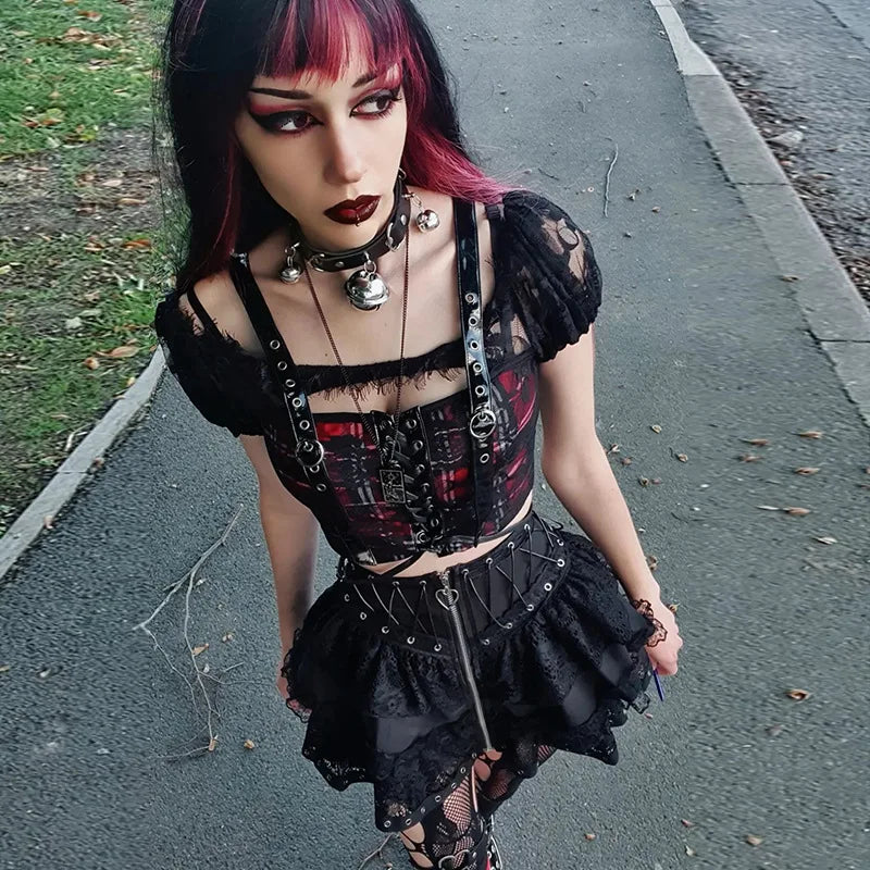Gothic Skater Punk Vintage High Wasit Skirt Women's Zipper Front Japanese Style Kawaii Black Harajuku Cosplay Mini Skirts