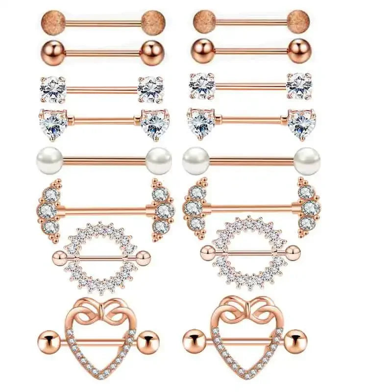 Fashion Stainless Steel Heart Nipple Piercing Set Jewelry Flower Nipple Barbell Pack Crystal Nipple Ring Lot Sexy Body Piercing