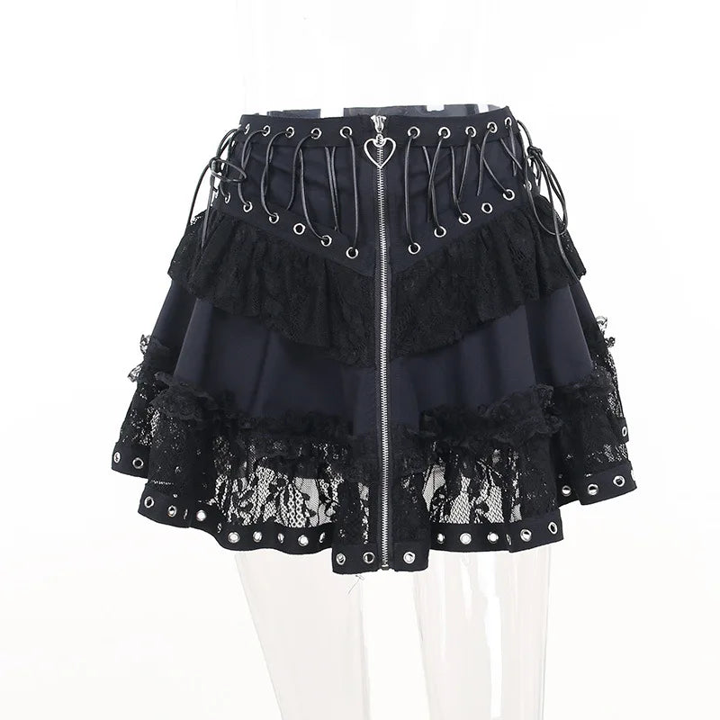 Gothic Skater Punk Vintage High Wasit Skirt Women's Zipper Front Japanese Style Kawaii Black Harajuku Cosplay Mini Skirts