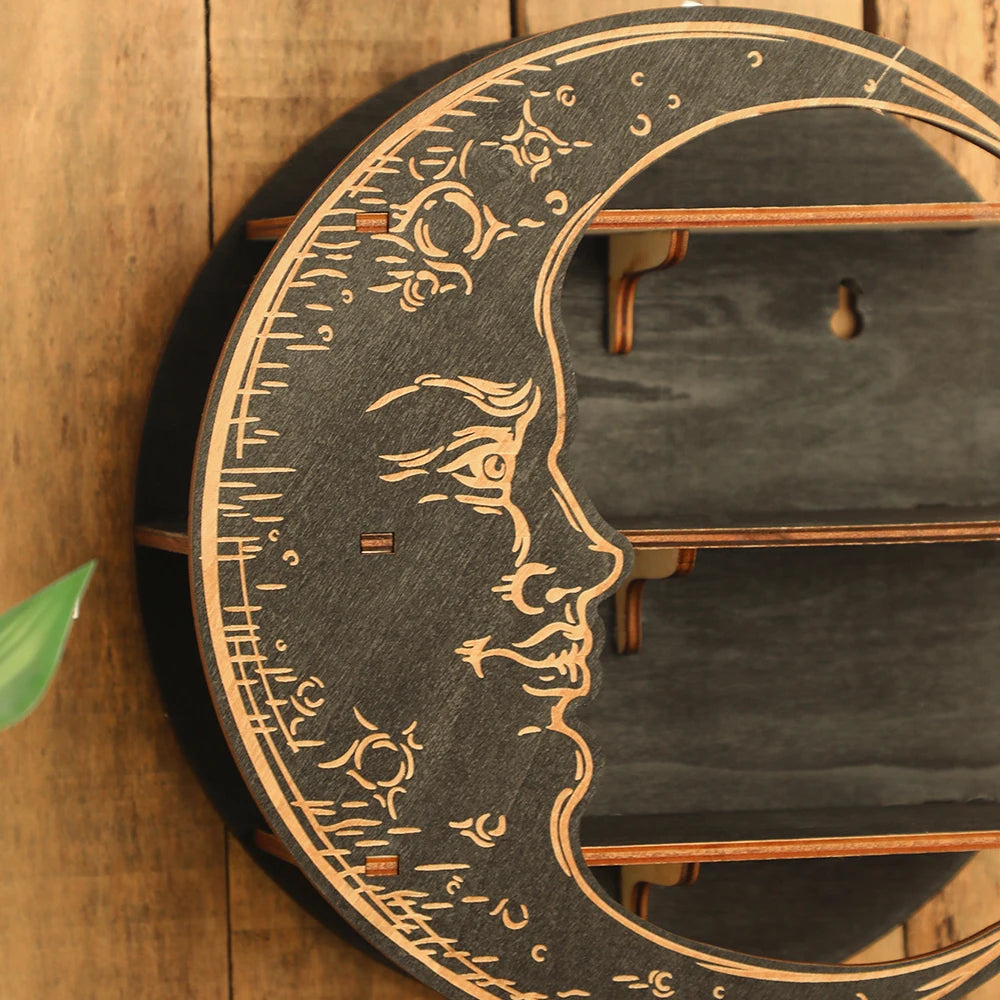 Crystal Display Wooden Shelf Moon Face Hanging Wall Jewelry Holder Bohemian Home Decor Floating Stand Shelves Room Decoration