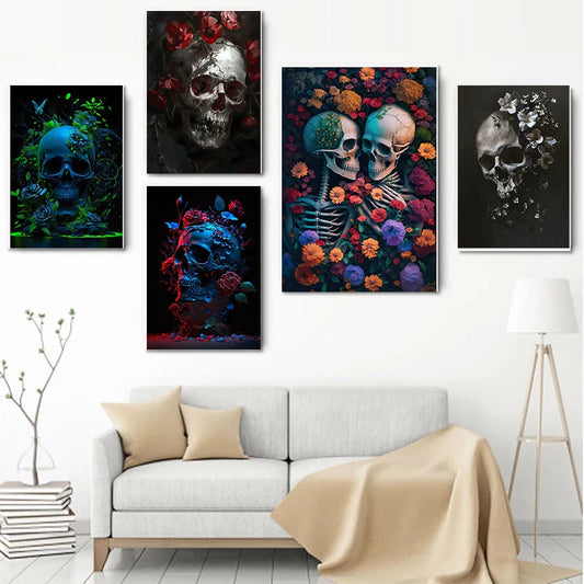 Flower Skull Dark Style Canvas Art Printing Fashion Popular Room Home Decoration Villa Natural Wall Art Printing Decoration Gift