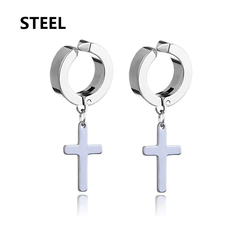 1Pair Unisex Punk Fashion Cross Pendant Ear Clip Non-Piercing Earrings Fake Earrings Gift for Men Women Jewelry Daily Wear