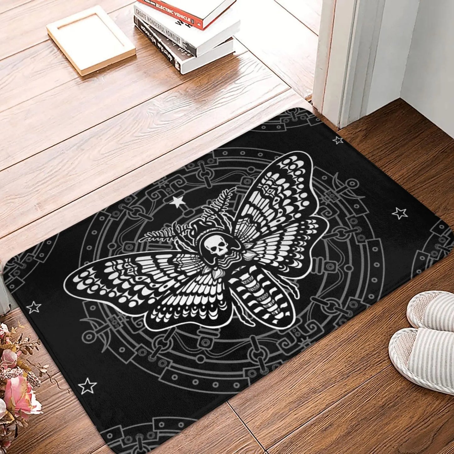 Gothic Witchy Butterfly Moth Floor Mat Mystical Moth Skull Dead Head Welcome Doormat Anti-Slip Bathroom Mat Entrance Rug Carpet
