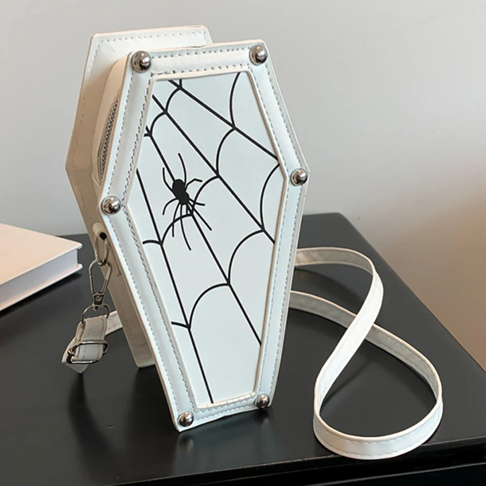 Halloween Cobweb Shoulder Bag Large Capacity Gothic Coffin Shaped Satchel Purse Adjustable Strap Spider Web PU Leather Hobo Bag