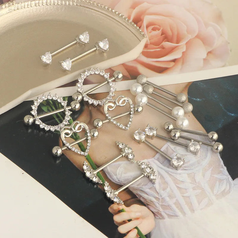 Fashion Stainless Steel Heart Nipple Piercing Set Jewelry Flower Nipple Barbell Pack Crystal Nipple Ring Lot Sexy Body Piercing
