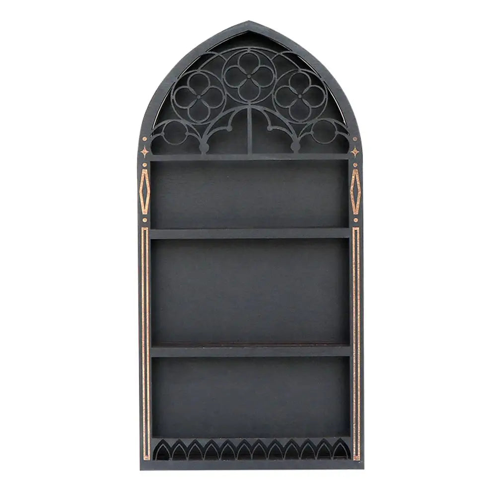 Wall Display Shelf Wood Church Window Design Stones Holder Black Wooden Shelf For Wall For Office Gothic Room Decoration