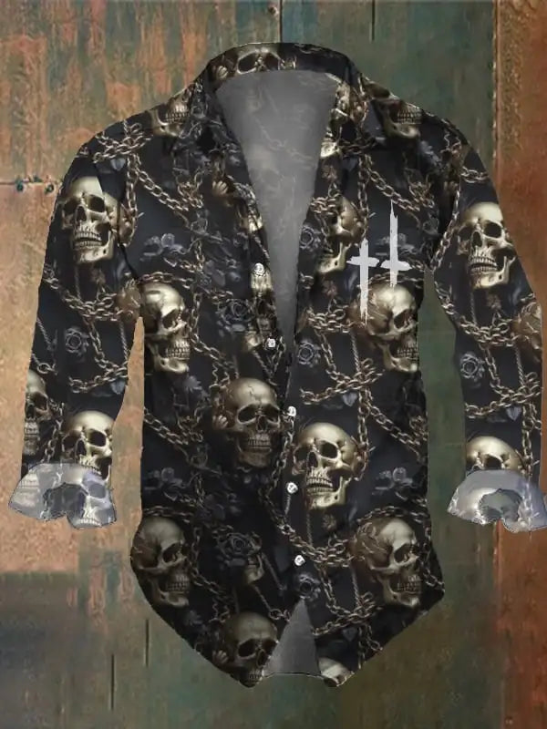 Halloween Men's Retro Dark Skull Prints Long Sleeve Shirt-Faith Chest Print,Regular Fit,Lapel Collar, Polyester Blend Black Tops