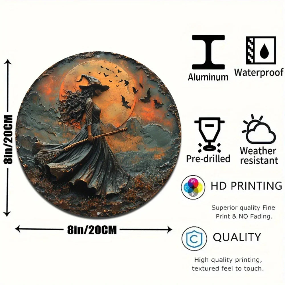 Circular aluminum flat with unique Gothic witch themed decoration suitable for home wall art decoration perfect holiday gift