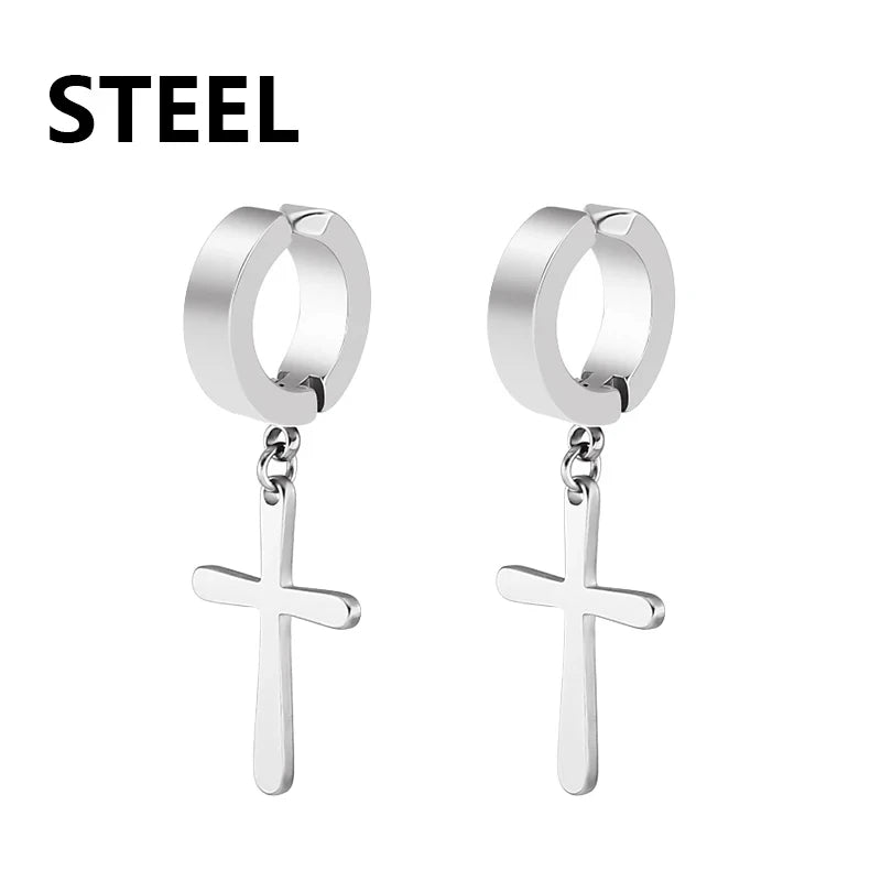 1Pair Unisex Punk Fashion Cross Pendant Ear Clip Non-Piercing Earrings Fake Earrings Gift for Men Women Jewelry Daily Wear