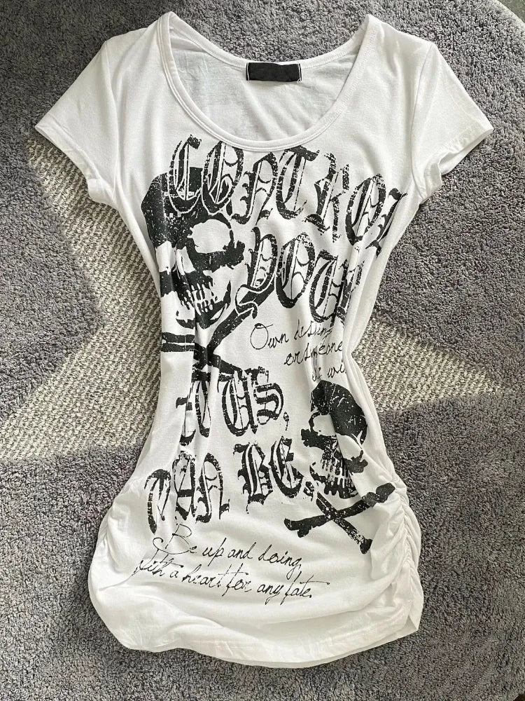 Harajuku T Shirts Women Skull Print Slash Neck Y2k Tops Fashion Gothic 2000s Vintage Tees Streetwear Punk Letter Black Tshirts