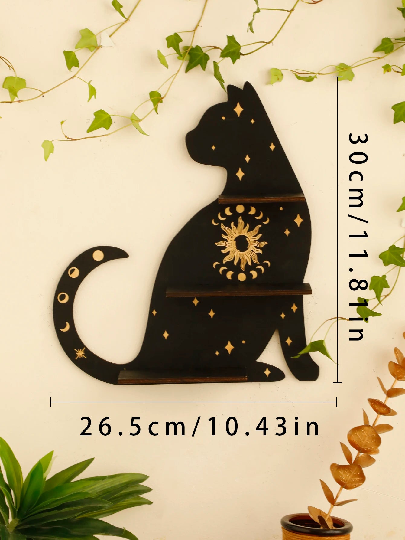 Black Cat Wooden Shelf Moon Phase Floating Shelf Chakra Crystal Holder Stone Display Stand Wall Decor Witchy Home Decorations