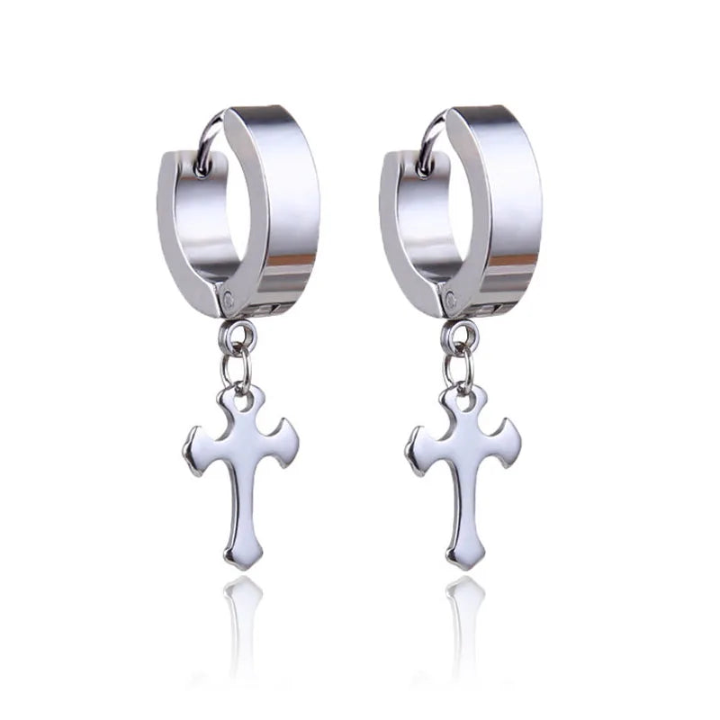 2pc Stainless Steel Cross Hoop Earrings for Men and Women Punk Black Cartilage Earrings Round Street Hip Hop Rock Jewelry Gifts