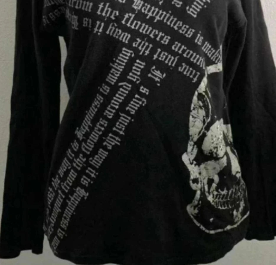 Harajuku T Shirts Women Skull Print Slash Neck Y2k Tops Fashion Gothic 2000s Vintage Tees Streetwear Punk Letter Black Tshirts