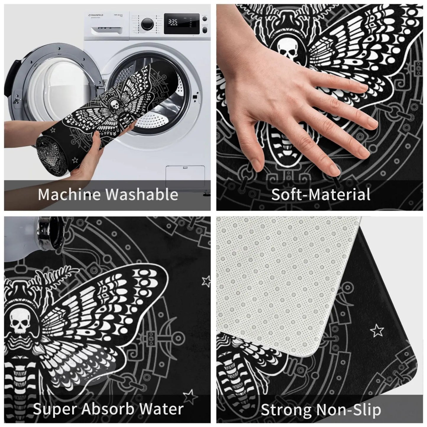 Gothic Witchy Butterfly Moth Floor Mat Mystical Moth Skull Dead Head Welcome Doormat Anti-Slip Bathroom Mat Entrance Rug Carpet