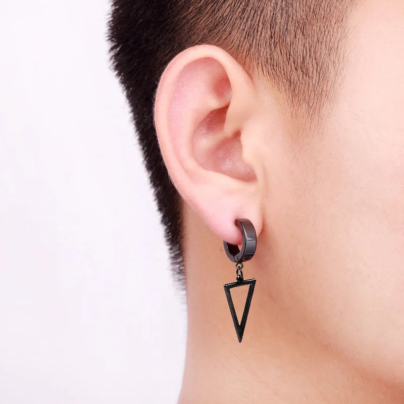 2pcs Unisex Punk Stainless Steel Men Women Non-Piercing Ear Clip Triangle Star Pendant Drop Dangle Earrings Black Silver Color