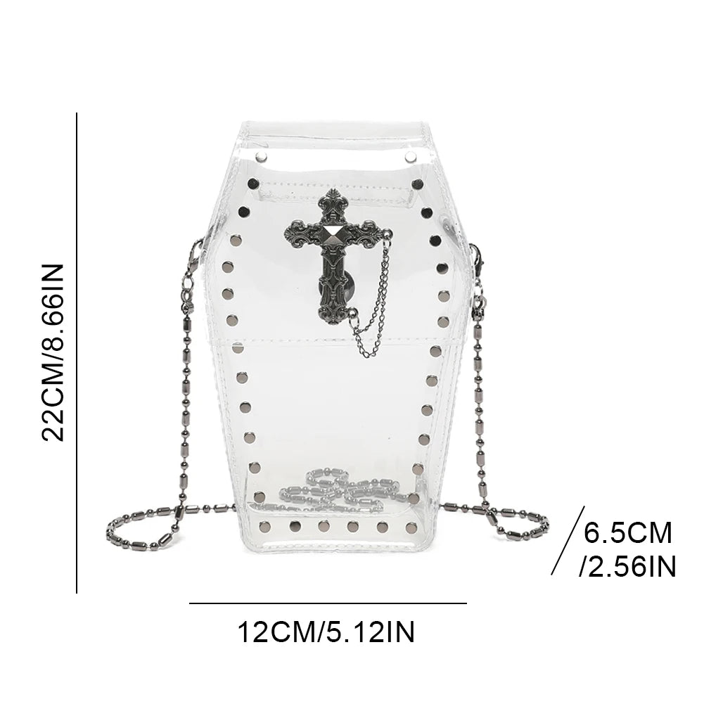 Gothic Crossbody Bag for Women Coffin Shaped Bag PVC Clear Jelly Y2K Punk Chain Shoulder Bag Female Stadium Approved Phone Bag