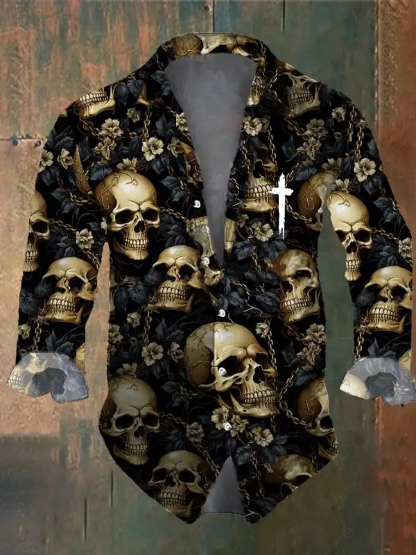 Halloween Men's Retro Dark Skull Prints Long Sleeve Shirt-Faith Chest Print,Regular Fit,Lapel Collar, Polyester Blend Black Tops