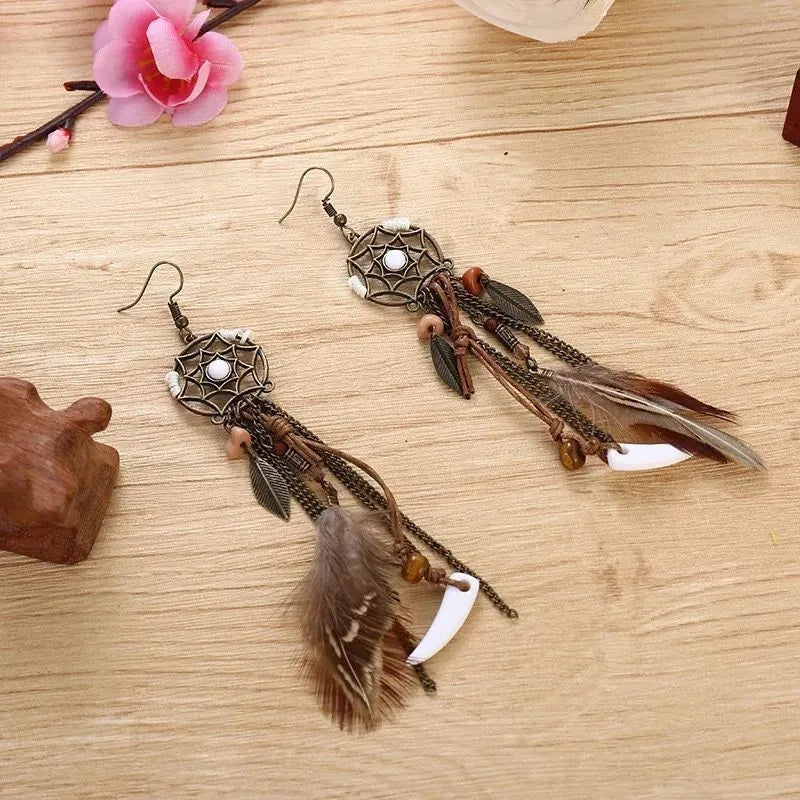 Boho Tribal Ethnic Vintage Dream Catcher Feather Leaf Long Tassel Dangling Earrings Women Vacation Jewelry