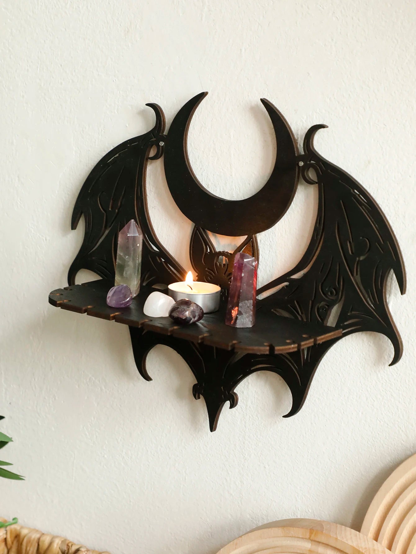 Black Wooden Wall Shelf Gothic Bat Moon Profiling Hollow Pattern Floating Shelf Crystal Holder Goth Home Decor Witch Room Decor