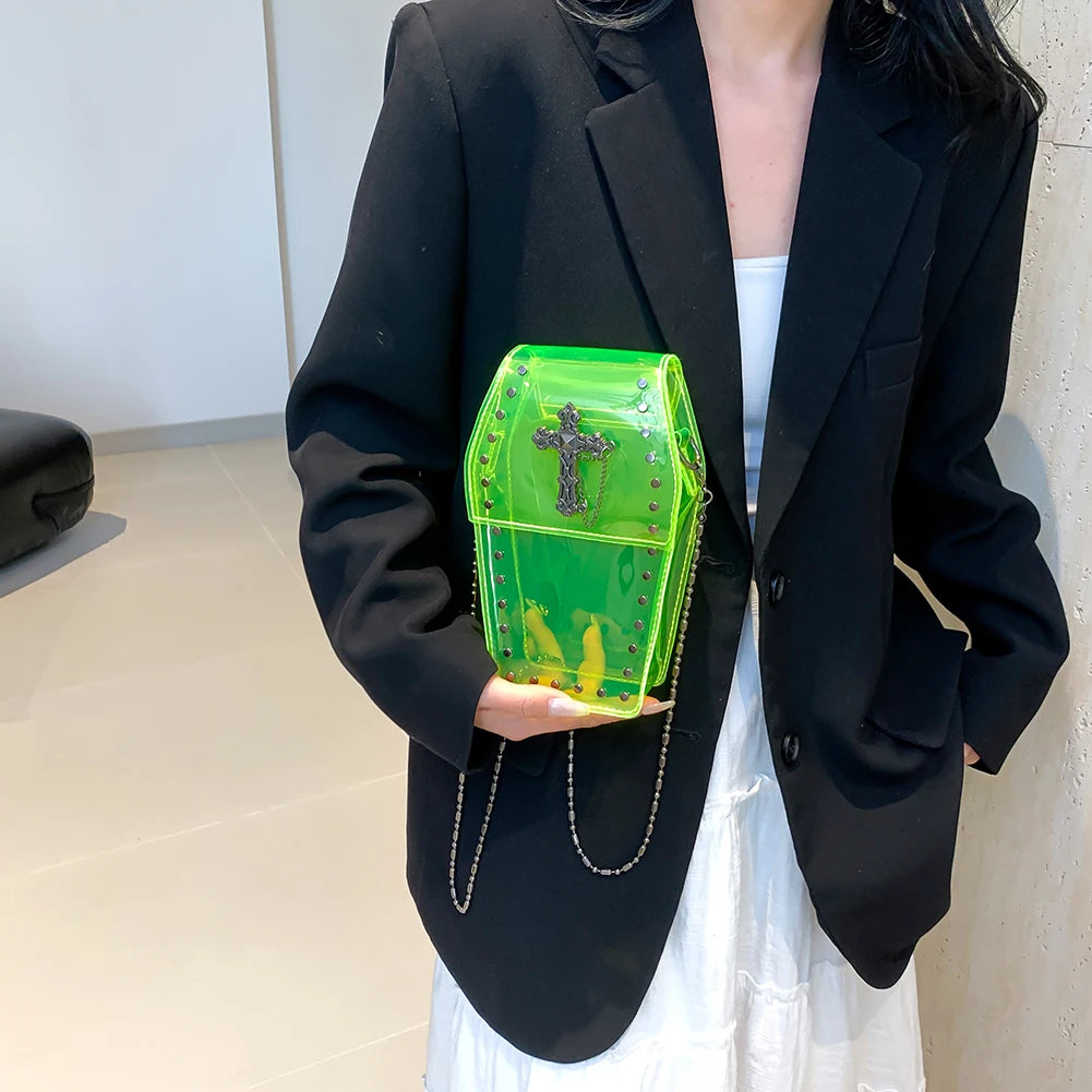 Gothic Crossbody Bag for Women Coffin Shaped Bag PVC Clear Jelly Y2K Punk Chain Shoulder Bag Female Stadium Approved Phone Bag