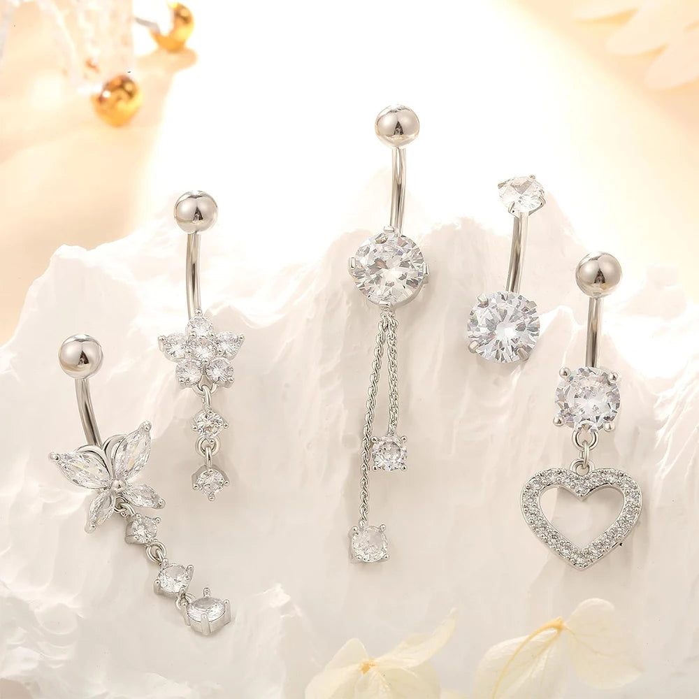 5pcs/lot Dangled Belly Button Rings Belly Piercing Sets 14G Butterfly Heart Curved Navel Piercing for Women Girls Body Jewelry