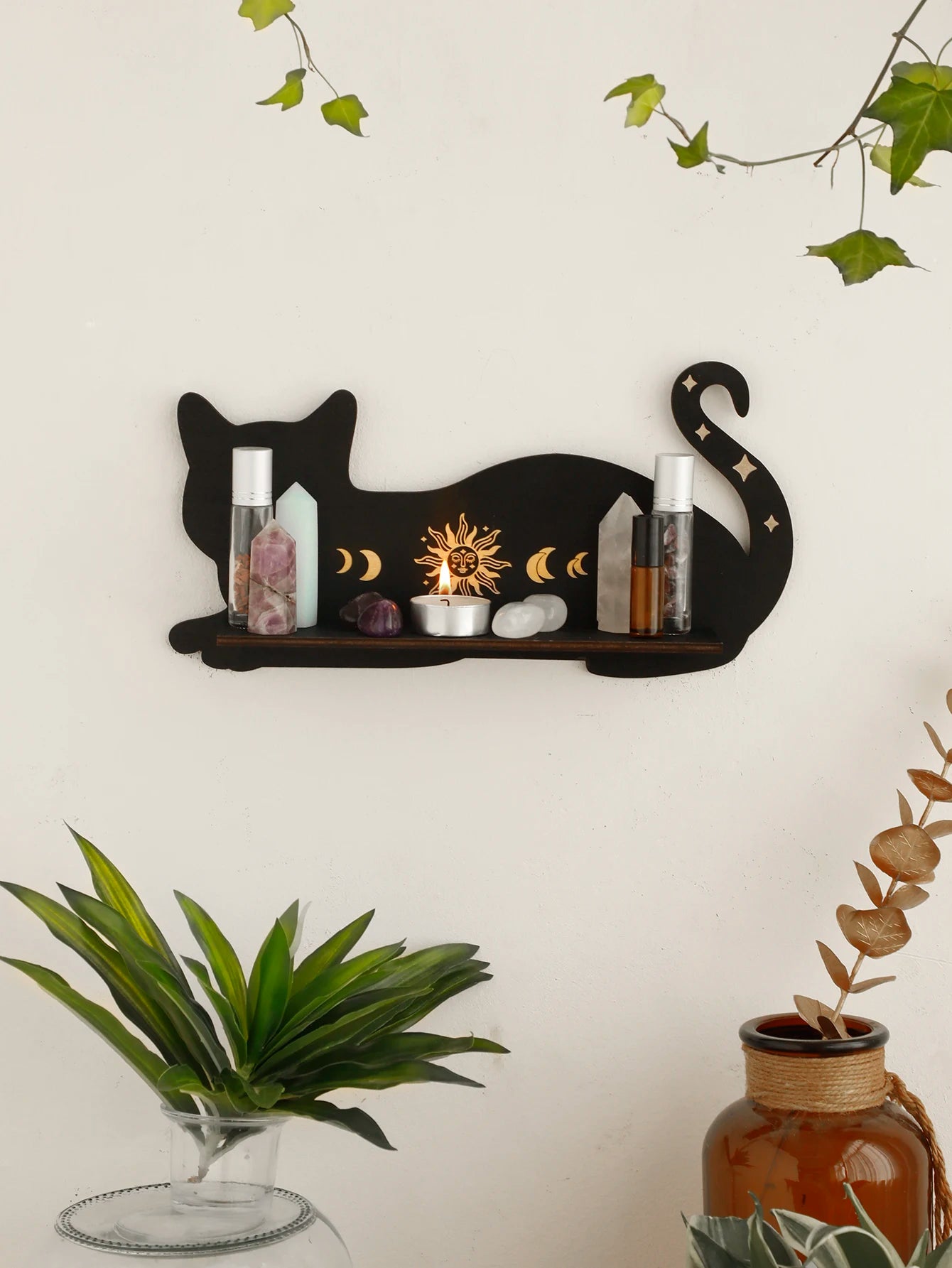 Black Cat Wooden Shelf Moon Phase Chakra Crystal Stone Display Stand Wall Shelf Witch Home Decor Gothic Room Decor Home Bedroom