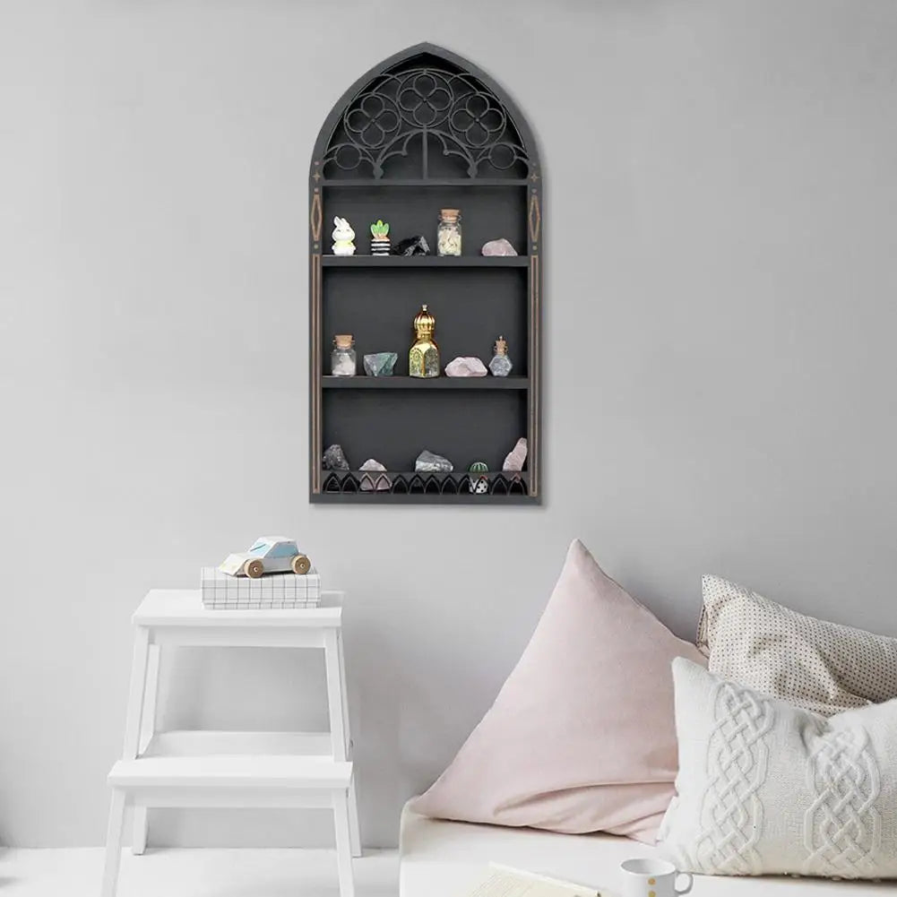 Wall Display Shelf Wood Church Window Design Stones Holder Black Wooden Shelf For Wall For Office Gothic Room Decoration