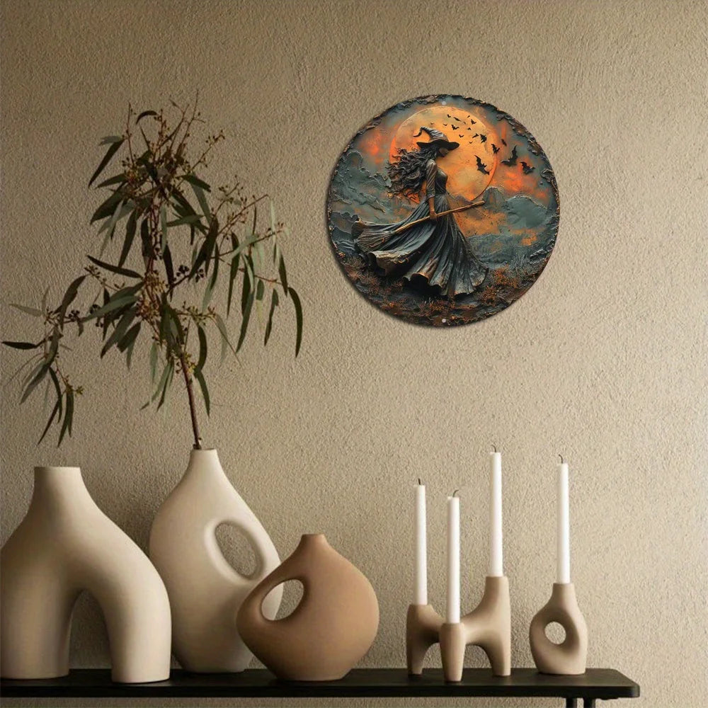 Circular aluminum flat with unique Gothic witch themed decoration suitable for home wall art decoration perfect holiday gift