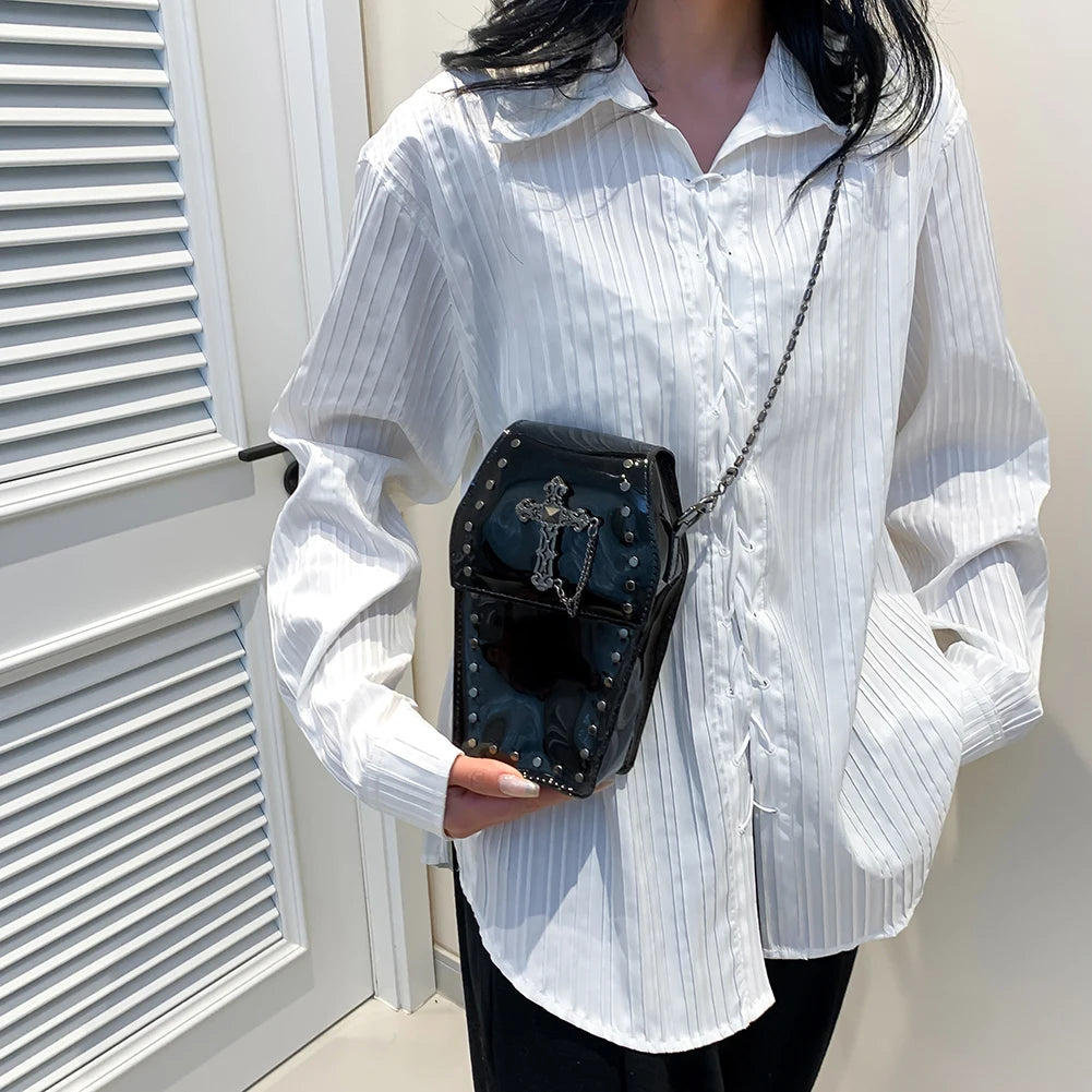 Gothic Crossbody Bag for Women Coffin Shaped Bag PVC Clear Jelly Y2K Punk Chain Shoulder Bag Female Stadium Approved Phone Bag