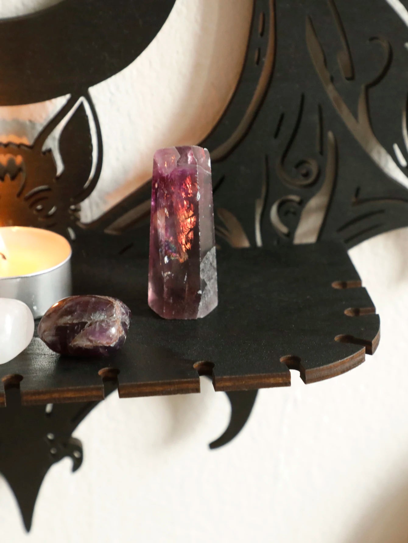 Black Wooden Wall Shelf Gothic Bat Moon Profiling Hollow Pattern Floating Shelf Crystal Holder Goth Home Decor Witch Room Decor