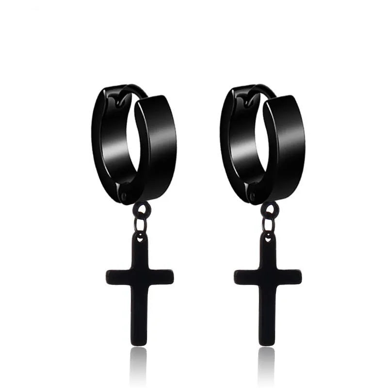 2pc Stainless Steel Cross Hoop Earrings for Men and Women Punk Black Cartilage Earrings Round Street Hip Hop Rock Jewelry Gifts